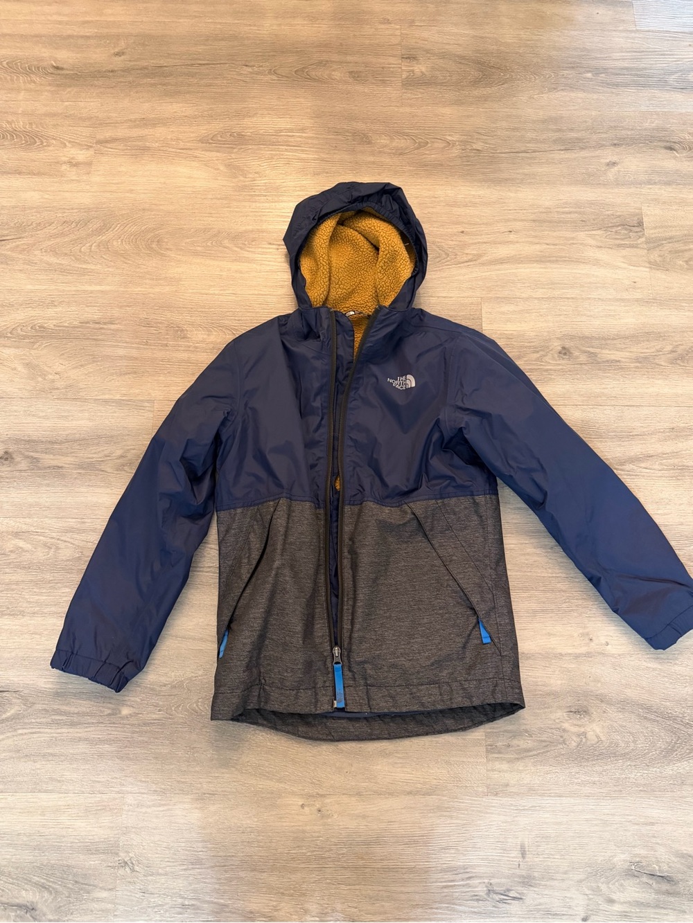 The North Face Kids Navy & Gray Raincoat with Mustard Lining